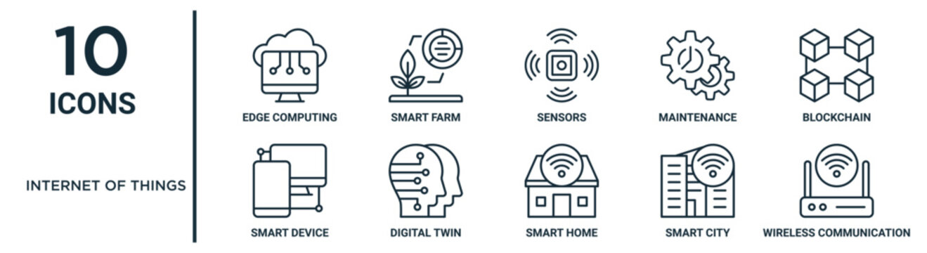internet of things outline icon set such as thin line edge computing, sensors, blockchain, digital twin, smart city, wireless communication, smart device icons for report, presentation, diagram, web