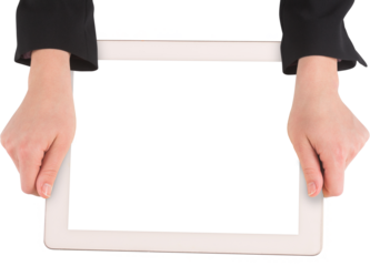 Digital png illustration of hands holding tablet with copy space on transparent background