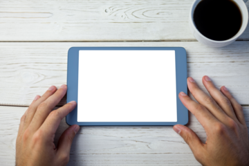 Digital png illustration of hands holding tablet with copy space on transparent background