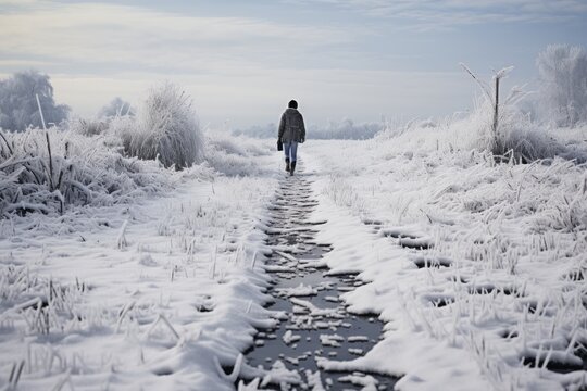 Winter's Pathways: Footprints on Snow-Covered Road, Leading to a Disappearing Distance Generative AI