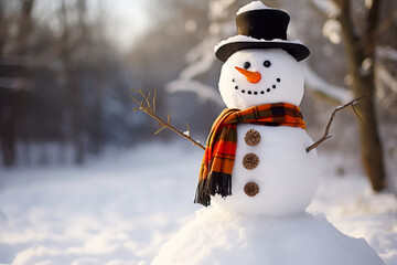 Snowman with a carrot nose, hat, scarf, coal buttons and stick arms standing outside on a winters day. Concept of winter, snow and childhood. Shallow field of view.