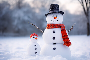 Snowman with a carrot nose, hat, scarf, coal buttons and stick arms standing outside on a winters day. Concept of winter, snow and childhood. Shallow field of view.
