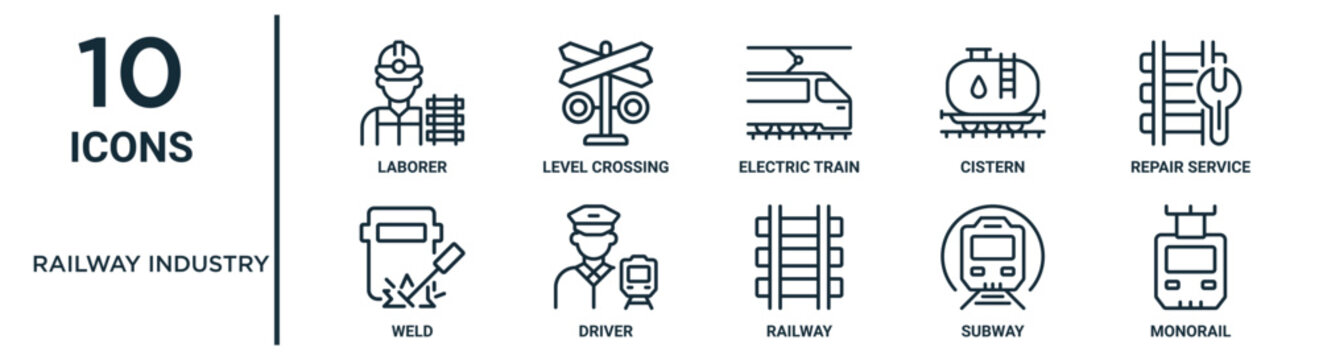 railway industry outline icon set such as thin line laborer, electric train, repair service, driver, subway, monorail, weld icons for report, presentation, diagram, web design
