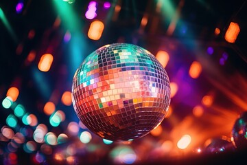 mirrored disco ball with bright colored lights.