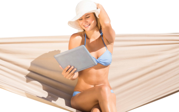 Digital png photo of happy caucasian woman using tablet in hammock on transparent background