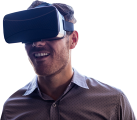 Digital png photo of caucasian businessman using vr headset on transparent background