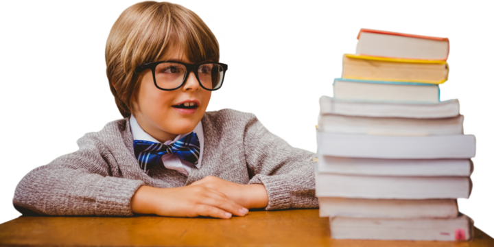 Digital png photo of caucasian schoolboy with books on transparent background