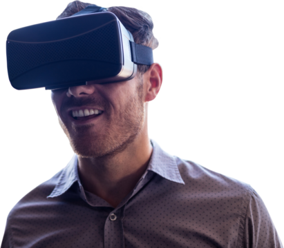Digital png photo of caucasian businessman using vr headset on transparent background