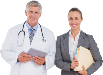 Digital png photo of caucasian male doctor and businesswoman on transparent background
