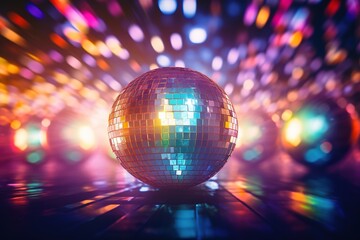 mirror disco ball with bright colored lights. club party.