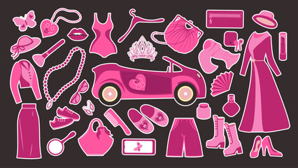 A set of accessories for the doll in pink. Stickers