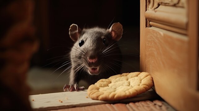 Rat scurries away after stealing a cookie.