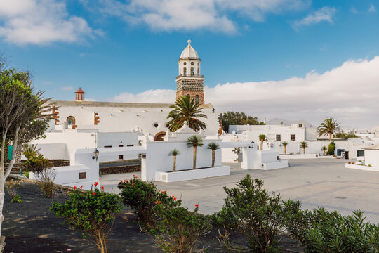 Teguise, Lanzarote, Spain - April 04, 2023. Old architecture of Teguise city. Church Iglesia de Nuestra Senora de Guadalupe in Lansarote island