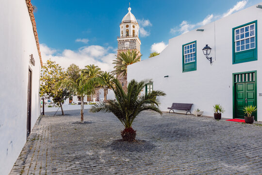 Teguise, Lanzarote, Spain - April 04, 2023. Old architecture of Teguise city. Church Iglesia de Nuestra Senora de Guadalupe in Lansarote island