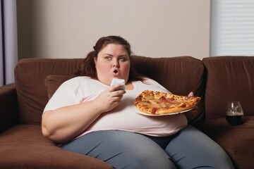 Overweight woman eating food. Generate Ai