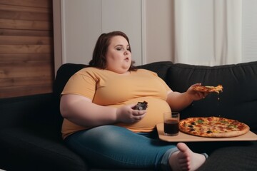 Overweight woman eating pizza. Generate Ai