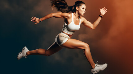 Fototapeta na wymiar Active female athlete running mid air in a vigorous trining session