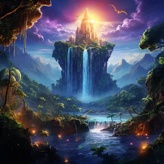 Fantasy island floating in the blue sky. City in the clouds. Temple on top of mountain. Beautiful Waterfalls in the mountains. Tropical rainforest. Big tree. Castle in the sky. Fairy kingdom. Vector