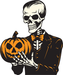 Skeleton holding a pumpkin halloween, Happy Halloween Vector Illustration, SVG