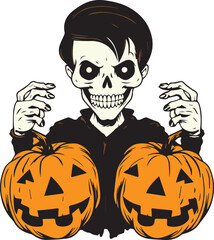 Skeleton holding a pumpkin halloween, Happy Halloween Vector Illustration, SVG