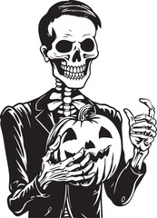 Skeleton holding a pumpkin halloween, Happy Halloween Vector Illustration, SVG