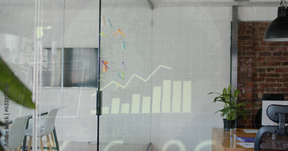 Poster image of financial data processing over general view of office