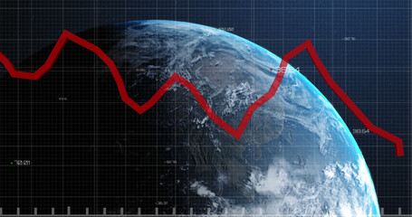 Image of financial data processing with red line over globe