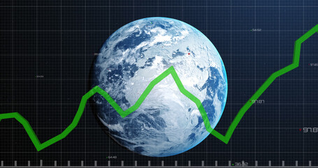 Image of financial data processing with green line over globe