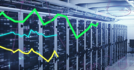 Image of statistical data processing, mathematical equations and mosaic squares over server room