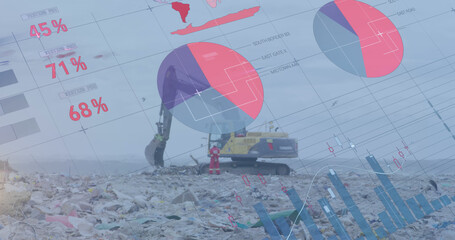 Image of financial data processing over excavator at landfill site