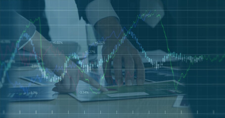 Image of financial statistics recording over businessmen in meeting checking data