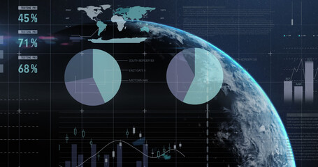 Image of financial data processing and statistics over globe