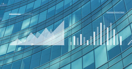 Image of financial data processing over modern building