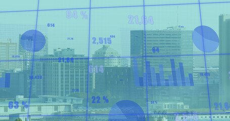 Image of financial data processing over cityscape