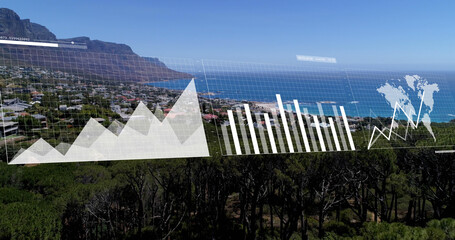 Image of financial data processing over landscape