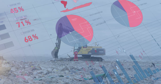 Image of financial data processing over excavator at landfill site