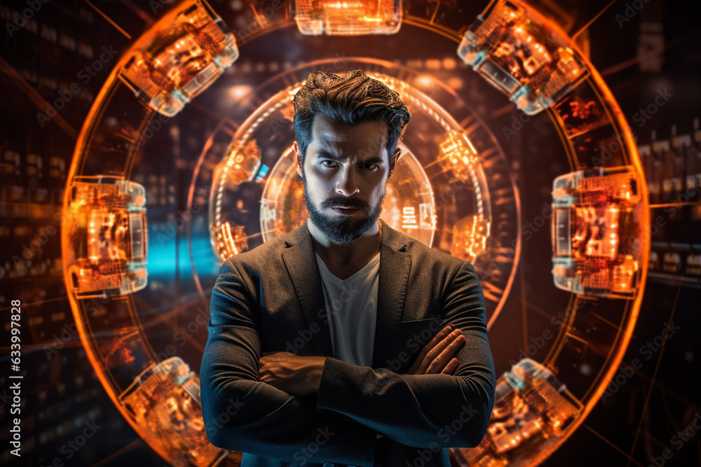 Poster the man surrounded by a futuristic digital display of cryptocurrency charts while holding the bitcoi