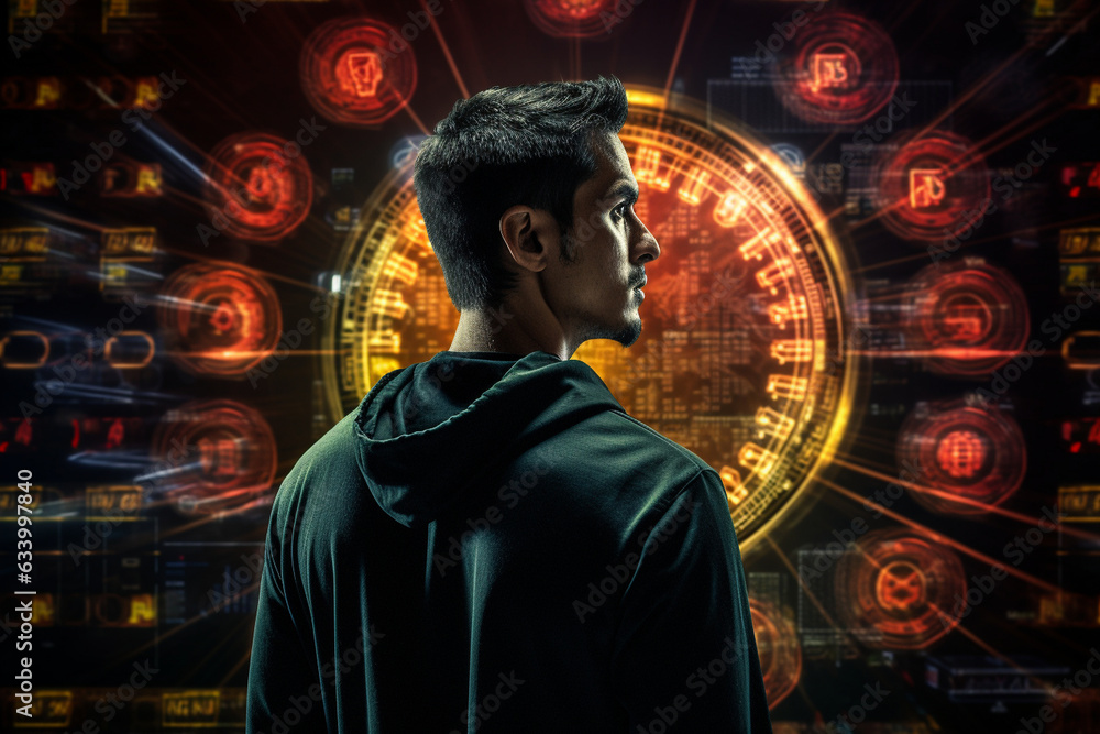 Poster the man surrounded by a futuristic digital display of cryptocurrency charts while holding the bitcoi