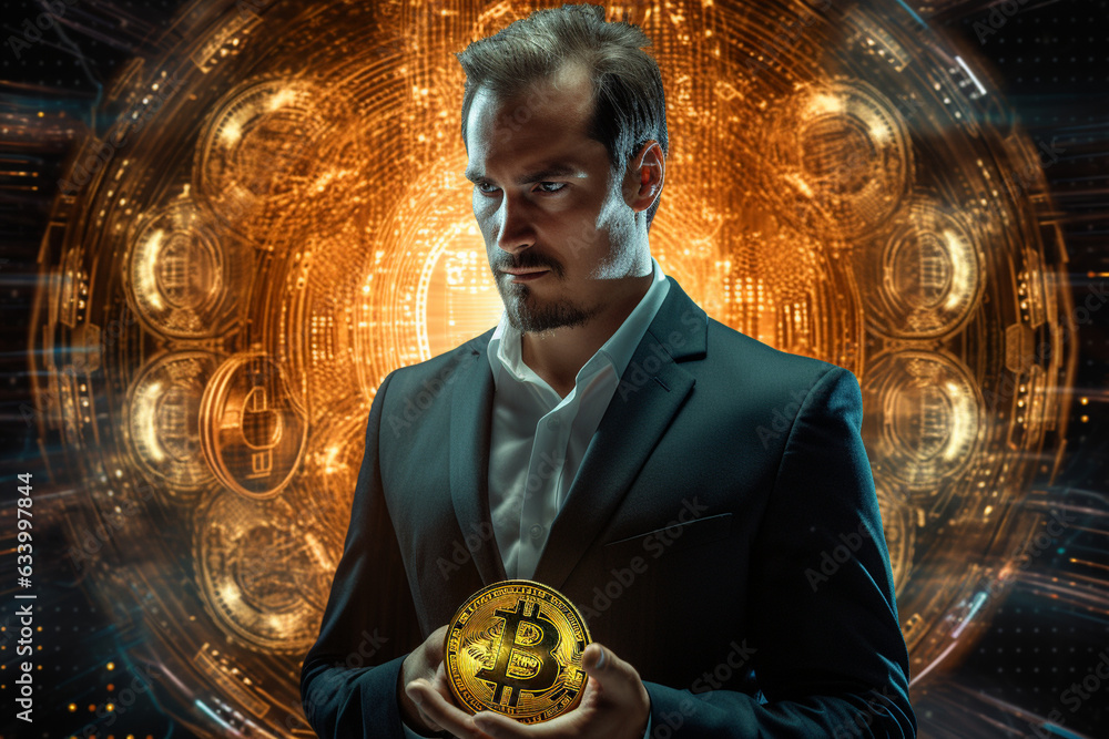 Aufkleber the man surrounded by a futuristic digital display of cryptocurrency charts while holding the bitcoi