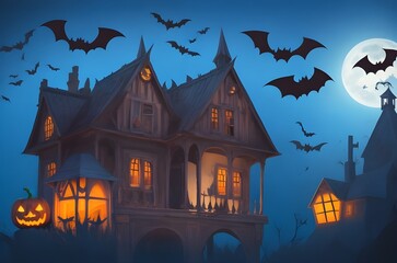 Fototapeta na wymiar Halloween Haunted House background with pumpkin and bats