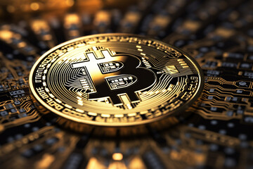 Fototapeta na wymiar A macro shot of the bitcoin coin's texture, showcasing its unique design 