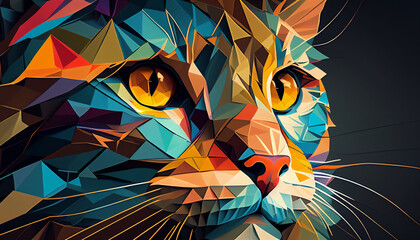 Geometric abstract feline cat head portrait with the face in a polygon abstract pattern, computer Generative AI stock illustration image