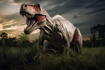 Fototapeta premium T rex or tyrannosaurus rex a large carnivorous theropod dinosaur of the Jurassic Cretaceous period with a fierce large monster size head jaw and teeth, Generative AI stock illustration image