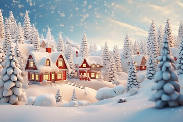 Winter season of the festive Christmas, New Year landscape scene with snow covered houses and pine fir trees for use as a greeting card, Generative AI stock illustration image