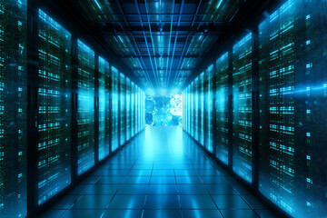 Fototapeta premium Cloud storage big data centre for storing backup files and security at a network database through the internet when browsing online, computer Generative AI stock illustration image