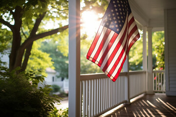 An American flag hangs on the terrace of the house