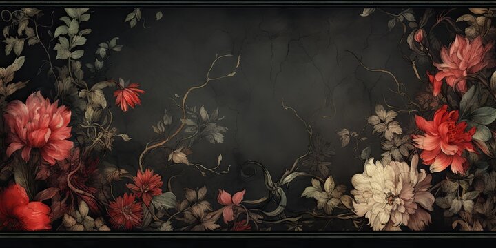 AI Generated. AI Generative. Vintage retro antique floral flowers pland frame in baroque style mock up background. Graphic Art