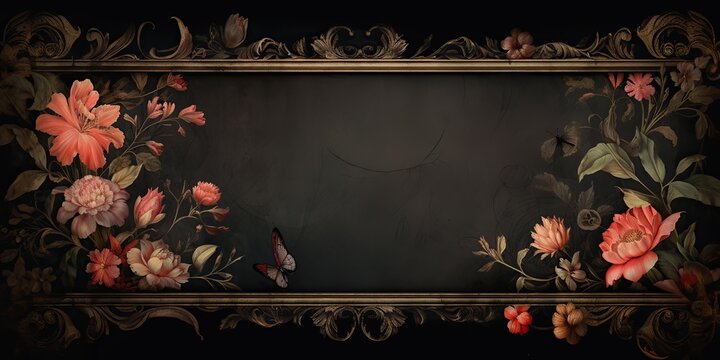 AI Generated. AI Generative. Vintage retro antique floral flowers pland frame in baroque style mock up background. Can be used for old cafe interior