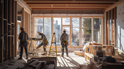 Builders installing large windows, allowing natural light to flood the interior 