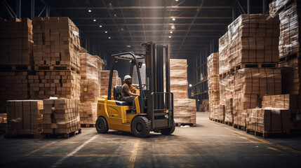 A warehouse worker expertly maneuvering a forklift, stacking pallets with precision  - obrazy, fototapety, plakaty